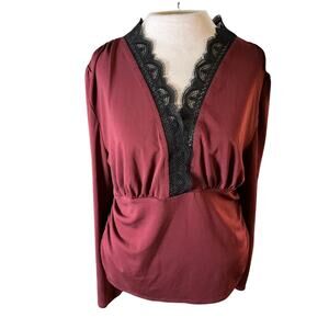 Burgundy Deep-V Lace Trim Long Sleeve Blouse Romantic Y2K Dark Fem XL EUC